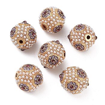 Golden Plated Alloy Rhinestone Beads, with ABS Imitation Pearl, Round, Tanzanite, 15x14mm, Hole: 1.6mm