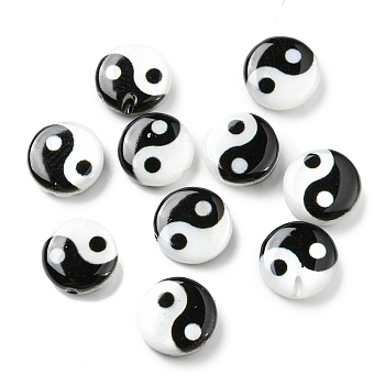 Printed Natural Freshwater Shell Beads, Yin Yang Flat Round Beads, Black, 8x2.5~3mm, Hole: 0.8mm