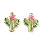 Brass Alloy Pendants, with Enamel, Cactus with Flower Charm, Golden, Rack Plating, Pale Green, 16x13.5x4.5mm, Hole: 1.2mm(X-KK-R226-14G)