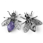 Natural Amethyst Bees Brooches, Alloy Pave Glass Rhinestone Insects Brooches, Antique Silver, 48x40x12mm(PW-WGE0A74-06)