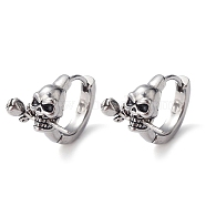 316 Stainless Steel Skull with Rose Hoop Earrings for Men Women, Antique Silver, 13x13.5x17mm, Pin: 0.9mm(EJEW-C045-01)