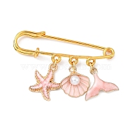Marine Theme Pendant Alloy Enamel Brooches, Golden Iron Kilt Pins for Women, Starfish & Shell & Fishtail, Pink, 36.5x50x5.5mm(JEWB-BR00143-02)
