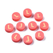 Handmade Polymer Clay Beads, Flat Round with Alphabet, Tomato, Letter.L, 9x3.5~5mm, Hole: 1.6mm(CLAY-N011-031L)