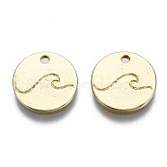 Alloy Charms, Cadmium Free & Nickel Free & Lead Free, Flat Round with Wave Pattern, Real 16K Gold Plated, 12x1.5mm, Hole: 1.5mm(PALLOY-T075-101G-NR)
