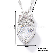 Fashionable Brass Cubic Zirconia Crown Heart-Shaped Pendant Dapped Chain Necklaces for Women, Platinum, Clear, 15.75 inch(40cm)(SM2288-6)