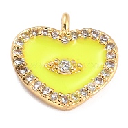 Golden Plated Brass Micro Pave Clear Cubic Zirconia Charms, with Enamel, Long-Lasting Plated, Heart with Eye, Yellow, 11x11.5x2.5mm, Hole: 1.2mm(ZIRC-L097-033C-G)