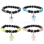 Natural Lava Rock & Cat Eye Round Beaded Stretch Bracelet with Resin Mushroom Charms, Mixed Color, Inner Diameter: 2 inch(5.05cm)(BJEW-JB09648)