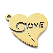 Ion Plating(IP) 316L Surgical Stainless Steel Pendants, Laser Cut, Heart with Word Love Charm, Real 18K Gold Plated, 14x17x1mm, Hole: 1.4mm(STAS-M317-26G)