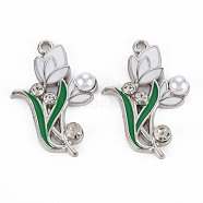 Alloy Rhinestone Pendants, with White ABS Imitation Pearl and Enamel, Platinum, Flower, Creamy White, 33x23x5.5mm, Hole: 1.8mm(PALLOY-N153-07-RS)
