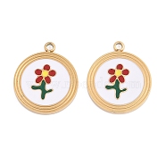 304 Stainless Steel Enamel Pendants, Flat Round with Flower Charm, Real 14K Gold Filled, 16.5x14x1.5mm, Hole: 1.4mm(STAS-L022-177B-G)