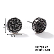 Chic Brass Cubic Zirconia Stud Earrings, Fashionable and Versatile Accessories, Flat Round, Black, 10x10mm(ZD1304-14)