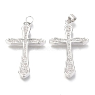 Brass Micro Pave Clear Cubic Zirconia Pendants, Cross, Real Platinum Plated, 36x22x3mm, Hole: 3mm(ZIRC-O038-08P)