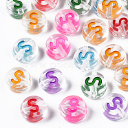 Transparent Clear Acrylic Beads, Horizontal Hole, Flat Round with Mixed Color Letter, Letter.S, 7x3.5mm, Hole: 1.2mm, about 3700pcs/500g(MACR-N008-56S)