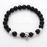 Unique Design Skull Gemstone Beaded Stretch Bracelets, with Alloy Beads and Brass Textured Beads, Black Stone, 53mm(BJEW-JB01847-06)