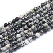 Natural Black Silk Stone/Netstone Beads Strands, Round, Faceted(128 Facets), 6mm, Hole: 0.8mm, about 64pcs/strand, 15.35 inch(39cm)(G-K310-A09-6mm)