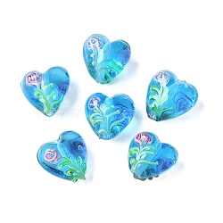 Handmade Transparent Lampwork Beads, Heart with Flower, Deep Sky Blue, 14.5~15x15~15.5x9~10mm, Hole: 2mm(BLOW-D300-07I)