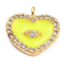 Golden Plated Brass Micro Pave Clear Cubic Zirconia Charms, with Enamel, Long-Lasting Plated, Heart with Eye, Yellow, 11x11.5x2.5mm, Hole: 1.2mm(ZIRC-L097-033C-G)