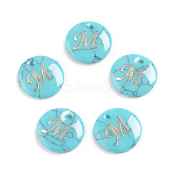 Synthetic Turquoise Charms, with Plastic Letter, Flat Round, Letter.M, 15x2mm, Hole: 1.5mm(X-G-L561-001M)