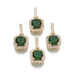 Brass Cubic Zirconia Pendants, with Glass, Nickel Free, Square, Sea Green, Real 18K Gold Plated, 11.5x9.5x7mm, Hole: 1.5x5mm(KK-R134-018-NF)