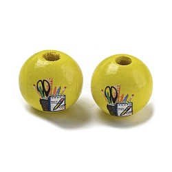 Printed Wood European Beads, Large Hole Beads, Round, Yellow, 16~16.5x14.5~15mm, Hole: 4mm(WOOD-L020-D07)