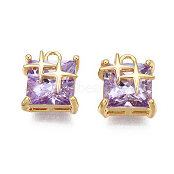 Brass Inlaid Cubic Zirconia Charms, Real 18K Gold Plated, Square with Star, Purple, 11x9.5x6.5mm, Hole: 1.6mm(KK-N231-291C)