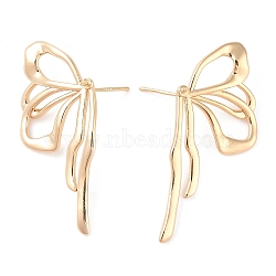 Brass Stud Earring Findings, for Half Drilled Beads, Butterfly, Real 14K Gold Plated, 39~42x17~19mm, Pin: 0.8mm(KK-N256-04G)