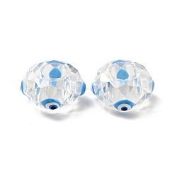 Transparent Glass European Beads, Large Hole Beads, with Enamel, Faceted, Rondelle with Evil Eye Pattern, Deep Sky Blue, 14x8mm, Hole: 6mm(GLAA-F121-07E)