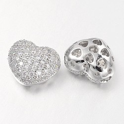 Hollow Heart Brass Micro Pave Cubic Zirconia Beads, Platinum, 11x14x8mm, Hole: 3mm(X-ZIRC-D074-P)
