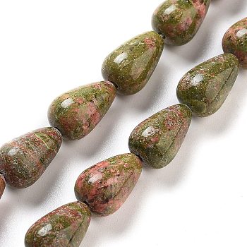 Natural Unakite Beads Strands, Teardrop, 12x8mm, Hole: 1.2mm, about 33~34pcs/strand, 15.16~16.54''(38.5~42cm)