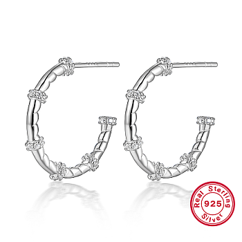 Rhodium Plated 925 Sterling Silver Ring Stud Earrings, Half Hoop Earrings, with 925 Stamp, Platinum, 19x2mm