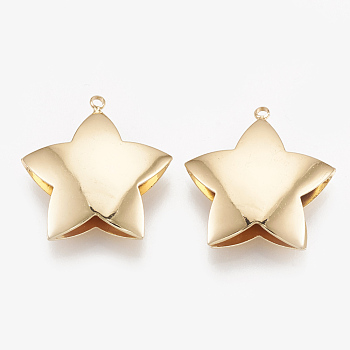 Brass Pendants, Real 18K Gold Plated, Star, 25x24x6.5mm, Hole: 1.4mm