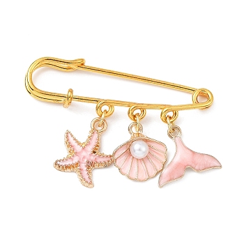 Marine Theme Pendant Alloy Enamel Brooches, Golden Iron Kilt Pins for Women, Starfish & Shell & Fishtail, Pink, 36.5x50x5.5mm