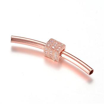 Brass Micro Pave Cubic Zirconia Tube Beads, Rose Gold, 39x6x6mm, Hole: 2mm