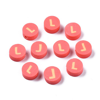 Handmade Polymer Clay Beads, Flat Round with Alphabet, Tomato, Letter.L, 9x3.5~5mm, Hole: 1.6mm