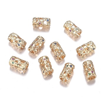 Hollow Brass Micro Pave Cubic Zirconia European Beads, Long-Lasting Plated, Column, Colorful, Real 18K Gold Plated, 11.5x6mm, Hole: 4mm