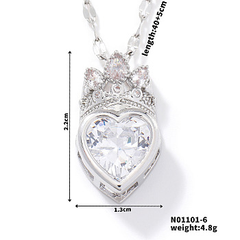 Fashionable Brass Cubic Zirconia Crown Heart-Shaped Pendant Dapped Chain Necklaces for Women, Platinum, Clear, 15.75 inch(40cm)