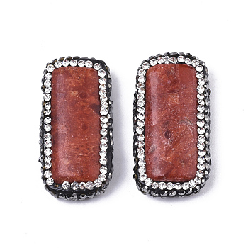 Synthetic Coral Cabochons, with Polymer Clay Rhinestone, Rectangle, FireBrick, 36.5x18~19x7mm