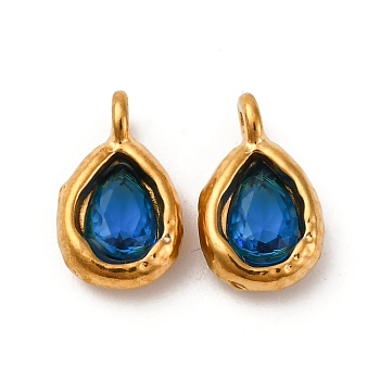 304 Stainless Steel Charms, Teardrop, with Glass, Faceted, Blue, 12x7x3mm, Hole: 1.2mm