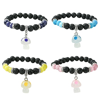 Natural Lava Rock & Cat Eye Round Beaded Stretch Bracelet with Resin Mushroom Charms, Mixed Color, Inner Diameter: 2 inch(5.05cm)