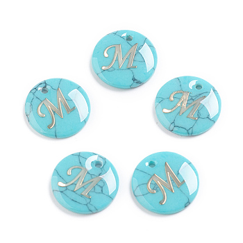 Synthetic Turquoise Charms, with Plastic Letter, Flat Round, Letter.M, 15x2mm, Hole: 1.5mm