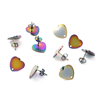 Ion Plating(IP) 304 Stainless Steel Stud Earring Findings, with Ear Nuts, Heart, Rainbow Color, 12x13mm, Hole: 1.5mm, Pin: 0.7mm