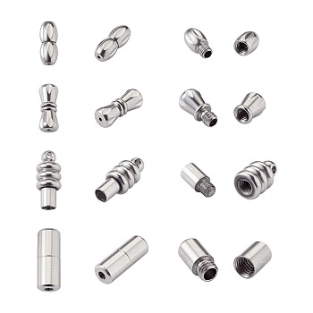 16Sets 4 Style 304 Stainless Steel Screw Clasps, Stainless Steel Color, 12x5mm, Hole: 0.7mm