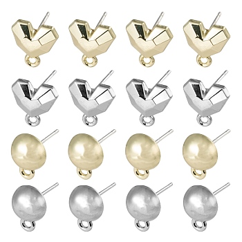 16Pcs 4 Style Spray Painted Alloy Stud Earrings Findings, with 925 Sterling Silver Pins and Loops, Half Round & Heart, Golden & Silver, 11~11.5x8~10mm, Hole: 1.8mm, Pin: 0.5mm, 4pcs/style