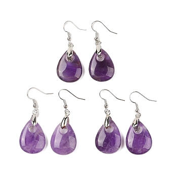 Natutal Amethyst Dangle Earrings, with Rack Plating Brass Earring Hooks, Lead Free & Cadmium Free, Teardrop, 46x18mm