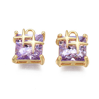 Brass Inlaid Cubic Zirconia Charms, Real 18K Gold Plated, Square with Star, Purple, 11x9.5x6.5mm, Hole: 1.6mm