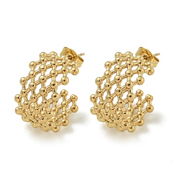 Ion Plating(IP) 304 Stainless Steel Stud Earrings, Polished, C-Shaped with Net, Golden, 20x11mm