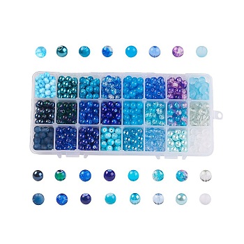 Elite 24 Color Imitation Pearl & Crackle & Transparent & Opaque Glass Beads, Round, Gradient Color, Blue, 8~8.5mm, Hole: 1.3~1.6mm, about 30Pcs/color, 720Pcs/box