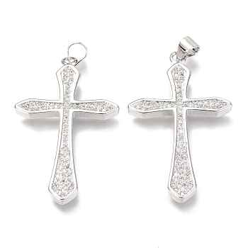 Brass Micro Pave Clear Cubic Zirconia Pendants, Cross, Real Platinum Plated, 36x22x3mm, Hole: 3mm