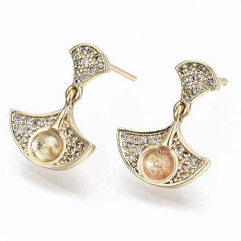 Brass Micro Pave Cubic Zirconia Stud Earring Findings, with 925 Sterling Silver Pins, for Half Drilled Bead, Nickel Free, Fan, Real 18K Gold Plated, Clear, 17mm, Pin: 0.7mm, Fan: 11x13.5mm, Pin: 0.7mm(for half drilled beads)