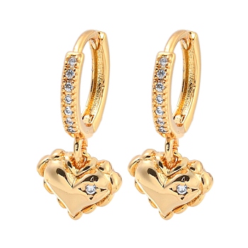 Heart Brass Micro Pave Clear Cubic Zirconia Huggie Hoop Dangle Earrings for Women, Real 18K Gold Plated, 22x10mm